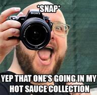 beard camera clothes cringe_compilation food glasses hand holding_object hot_sauce irl meme open_mouth text variant:hot_sauce // 637x624 // 91.5KB