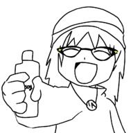 anime arm azumanga_daioh beanie bottle closed_eyes clothes female glasses hair hand happy hat holding_object mihama_chiyo necklace open_mouth redraw smile soy soyjak soylent variant:soytan // 1191x1193 // 152.1KB