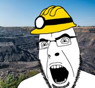 angry clothes coal glasses hat headlamp helmet irl_background mine miner open_mouth soyjak stubble variant:cobson // 978x900 // 831.5KB
