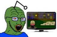 2soyjaks antenna arm army blush clothes clown computer country flag frog glasses green green_skin helmet open_mouth orange_eyes pepe red_face reddit screen soyjak stubble united_states variant:classic_soyjak variant:science_lover // 1416x933 // 521.3KB