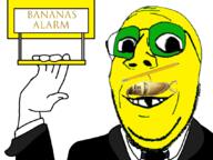 alarm arm banana clothes deformed food fruit fruitjak glasses green_skin hand necktie pencil smile soyjak stubble suit variant:wholesome_soyjak yellow_skin ylyl_banana // 1070x800 // 249.9KB