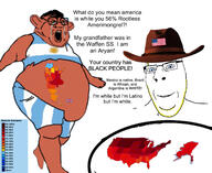 2soyjaks angry argentina bloodshot_eyes blue_eyes brown_skin closed_mouth clothes cowboy_hat crying ear fat flag:argentina flag:united_kingdom flag:united_states full_body glasses hat open_mouth smile soyjak stubble subvariant:nucob table text united_kingdom united_states variant:chudjak variant:cobson yellow_hair // 1536x1258 // 335.1KB