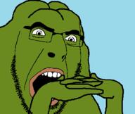 angry animal arm blue_background frog glasses green_skin groyper hand lips open_mouth pepe soyjak stubble variant:cobson // 422x355 // 16.3KB