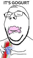 arm closed_eyes eating food glasses gogurt hand holding_object its_over smile soyjak stubble text variant:wholesome_soyjak // 600x1053 // 203.9KB