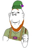 arm beard closed_mouth clothes ear fist food hat holding_object hoodwinked orange_hair smile soyjak subvariant:wholesome_soyjak suspenders variant:gapejak // 520x763 // 91.8KB