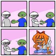 bowtie closed_mouth clothes frog full_body glasses green_skin hair mymy ongezeling open_mouth orange_hair orange_skin pepe soyjak stonetoss stubble tshirt variant:unknown // 680x680 // 192.7KB