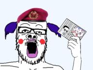 arm beret blue_hair blush clothes communism glasses hair hammer_and_sickle hand hat holding_object i_am_not_obsessed makeup mustache obsession open_mouth politics soyjak star stubble tranny variant:a24_slowburn_soyjak variant:chudjak // 600x453 // 111.5KB
