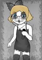 black_metal blue_eyes bowtie closed_mouth corpse_paint dress earbuds glasses goth hair hand holding_object redraw soyjak subvariant:soylita variant:gapejak yellow_hair // 1000x1420 // 897.0KB