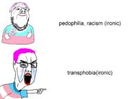 angry arm badge bloodshot_eyes closed_mouth clothes crying glasses hair hand happy lipstick makeup mustache open_mouth pedophile pedophilia pink_hair place_japan pointing purple_hair racism smile soyjak stubble text tranny transphobia tshirt variant:chudjak variant:gapejak // 1442x1080 // 237.6KB
