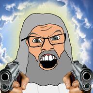 beard christianity clothes glasses glowing god green_eyes grey_hair gun hair hand heaven mustache open_mouth pointing religion robe sky soyjak tagme variant:feraljak white_skin // 800x800 // 522.1KB