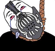 bane bloodshot_eyes clothes crying hanging mask rope soyjak suicide tongue tv_(4chan) variant:gapejak_front // 768x719 // 299.1KB