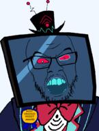 angry antenna award blue_skin blue_teeth bowtie clothes glasses hat hazbin_hotel monitor red_eyes reflection screen shading stubble television top_hat tuxedo variant:feraljak vivziepop // 766x1015 // 39.7KB