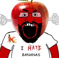 apple banana beard clothes food fruit fruitjak fume glasses hat i_hate i_love open_mouth red_skin smoke soyjak text tshirt variant:science_lover ylyl_banana // 800x789 // 391.4KB