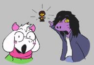clothes deltarune drip jacket kris_(deltarune) open_mouth pointing ralsei_(deltarune) soy_parody soyjak susie_(deltarune) the_forth_face variant:two_pointing_soyjaks video_game // 1248x865 // 510.6KB