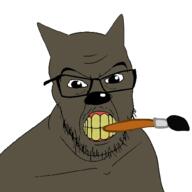 angry animal brown_skin brush clenched_teeth ear gimp glasses grey_skin mustache paintbrush snout soyjak stubble variant:feraljak yellow_teeth // 1000x1000 // 127.6KB