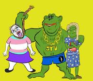 3soyjaks closed_mouth clothes dress frenschan frog full_body glasses green_skin hairy hanging mein_kampf necklace open_mouth pepe rope smile soyjak stubble subvariant:soylita tanny trad_wife variant:bernd variant:gapejak variant:impish_soyak_ears // 2048x1781 // 741.5KB