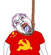 arm bloodshot_eyes china communism country crying dead flag flag:china glasses hammer_and_sickle hanging lipstick mustache open_mouth purple_hair rope soyjak stubble suicide tongue tranny variant:bernd yellow_teeth // 396x424 // 58.2KB