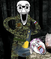 2soyjaks arm bloodshot_eyes camouflage clothes crying dead deformed ear flag forest glasses hair irl_background military mustache night oink open_mouth purple_hair rope russia russo_ukrainian_war sledgehammer soyjak stretched_mouth stubble subvariant:el_perro_loco text tongue tranny tshirt ukraine variant:bernd variant:el_perro_rabioso variant:markiplier_soyjak yellow_teeth z_(russian_symbol) // 1801x2073 // 648.2KB