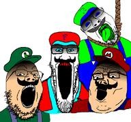 bootleg clothes fortran glasses green_teeth hair hat malleo mustache open_mouth ragamiicho red_teeth soyjak soyjak_trio sqrlyjack stubble suicide tongue variant:bernd variant:gapejak variant:markiplier_soyjak variant:tony_soprano_soyjak video_game weegee // 828x772 // 123.2KB