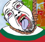 bloodshot_eyes bulgaria clothes country crying europe flag glasses hanging map mustache open_mouth rope soyjak stubble suicide tongue variant:gapejak_front yellow_teeth // 754x704 // 499.5KB