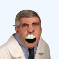 anthony_fauci blue_eyes clothes distorted doctor glasses grey_hair irl lab_coat open_mouth soyjak teeth variant:feraljak // 600x600 // 389.8KB
