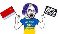 arm balding black_lives_matter clothes communism crazed flag glasses hair hammer_and_sickle hand holding_object makeup open_mouth purple_hair refugees_welcome stubble text tranny tshirt variant:soyak // 1121x665 // 341.6KB
