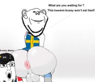 2soyjaks anus blm bussy clothes ear femboy flag gay glasses hat hoodie lgbt norway nsfw open_mouth penis smile soyjak stubble sweden testicles text variant:impish_soyak_ears variant:norwegian // 2950x2530 // 1.7MB