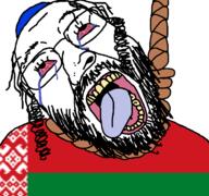 beard belarus bloodshot_eyes clothes country crying flag glasses hair hanging hat jew kippah large_nose mustache rope soyjak suicide tongue variant:gapejak_front // 768x719 // 80.5KB