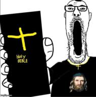 arm bible christianity clothes cross ear glasses hand holding_object jesus mustache necklace open_mouth phone religion soyjak stubble text tshirt variant:reaction_soyjak // 500x506 // 170.0KB