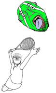 2soyjaks ball clothes full_body glasses green_skin holding_object jump mustache open_mouth racket soyjak stubble tennis tongue variant:a24_slowburn_soyjak variant:gapejak_front // 754x1250 // 235.1KB