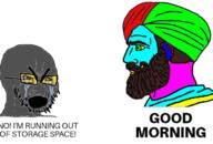 bloodshot_eyes colorful crying glasses meme mustache nordic_chad open_mouth soot soot_colors soyjak soyjak_party stubble text thick_eyebrows turban variant:cryboy_soyjak // 672x456 // 157.6KB
