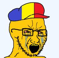 bloodshot_eyes clothes country crying flag glasses hat open_mouth romania soyjak stubble variant:classic_soyjak yellow_skin yellow_teeth // 814x806 // 76.0KB