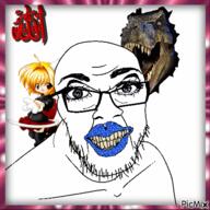 animated anime blinking closed_mouth clothes dinosaur full_body glasses hair islam open_mouth picmix soyjak stubble talking variant:feraljak yellow_hair // 500x500 // 694.8KB