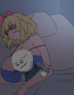 2soyjaks baby bed breasts closed_eyes closed_mouth clothes deformed female glasses hair_ribbon hand huge_breasts hugging pillow sleeping sleeveless_shirt smile soyjak subvariant:nathaniel subvariant:soylita variant:gapejak white_skin yellow_hair // 498x640 // 204.7KB