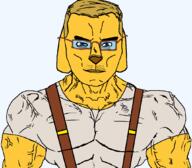blue_eyes buff chad dog janny soyjak subvariant:muscular_chud suspenders variant:chudjak yellow_hair yellow_skin // 1059x929 // 53.9KB