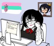 anime another_(anime) bant_(4chan) bowtie closed_mouth computer eyepatch frame glasses hair misaki_mei monitor serbia smile smug soyjak stubble text variant:soyak white_skin // 506x432 // 166.8KB