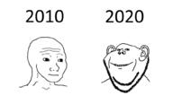 2010 2020 ear evolution meme smile soyjak stubble text variant:impish_soyak_ears wojak // 1000x606 // 42.9KB
