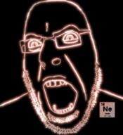 angry chemistry element glasses glowing neon open_mouth soyjak stubble text variant:cobson // 721x789 // 270.5KB