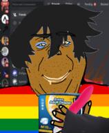brown_skin closed_mouth clothes computer diaper dildo discord drool fat femboy flag gay hair lgbt makeup soyjak stubble variant:alicia // 590x718 // 292.8KB
