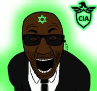 black_skin central_intelligence_agency clothes earpiece glasses glowie glowing glownigger judaism necktie open_mouth red_eyes soyjak star_of_david stubble suit text tinted_glasses variant:el_perro_rabioso // 427x400 // 54.2KB