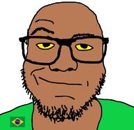 brazil closed_mouth clothes dark_skin flag flag:brazil glasses green_shirt mulatto mutt raised_eyebrow smirk smug soyjak stubble variant:redditjak yellow_eyes yellow_sclera // 729x705 // 77.6KB