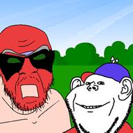 2soyjaks angry cap cartoon closed_mouth clothes drawn_background ear glasses hat homestar_runner mustache open_mouth smile soyjak stubble unibrow variant:feraljak variant:impish_soyak_ears // 1500x1500 // 161.5KB