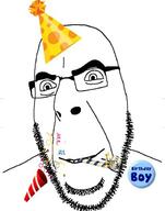 badge birthday clothes confetti glasses hat party_hat smile soyjak stubble text variant:cobson // 485x616 // 53.0KB