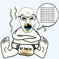 angry baby booru crossed_arms diaper foot full_body glasses missing_teeth open_mouth pacifier sharts_on_your_post soyjak spammer speech_bubble stinky stubble text uwu variant:feraljak white_skin yellow_teeth // 1000x1000 // 378.1KB