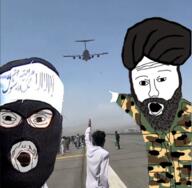 2soyjaks afghanistan arm beard c-17_globemaster_iii clothes glasses hand irl_background islam mask open_mouth plane pointing soyjak stubble taliban variant:two_pointing_soyjaks // 676x661 // 569.8KB