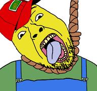 clothes hanging hat open_mouth overalls rope sneed soyjak stubble the_simpsons tongue variant:bernd yellow_skin // 768x721 // 103.4KB