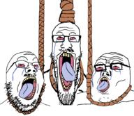 3soyjaks bloodshot_eyes crying glasses hanging mustache open_mouth rope soyjak soyjak_trio stretched_mouth stubble suicide suicide_pact tongue variant:gapejak variant:markiplier_soyjak variant:tony_soprano_soyjak // 2048x1777 // 1.6MB