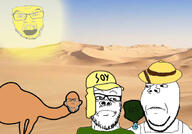 5soyjaks angry animal are_you_soying_what_im_soying camel clothes concerned confused desert ear glasses hat mustache open_mouth smile smug soyjak stubble subvariant:wholesome_soyjak sun variant:feraljak variant:gapejak variant:nojak variant:soyak water // 613x428 // 162.5KB