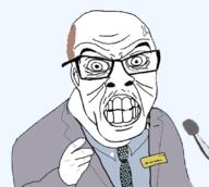 4chan angry b_(4chan) badge balding brown_hair clenched_teeth clothes glasses hair logposter microphone necktie niggers_and_poop pointing suit variant:feraljak vein white_skin // 676x604 // 183.6KB