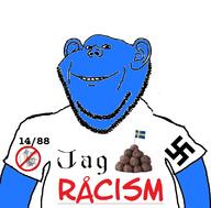 1488 blue_skin clothes country ear flag food happy_merchant i_love judaism meatballs nazism no_eyebrows racism smile soyjak stubble swastika sweden swedish_text text tshirt variant:impish_soyak_ears // 800x788 // 121.6KB
